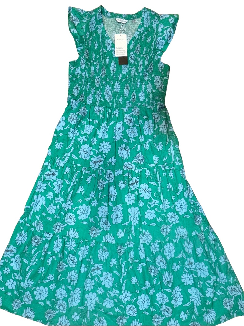 Pretty Garden Floral Smocked Tiered Maxi Dress - Green - 100% Cotton
